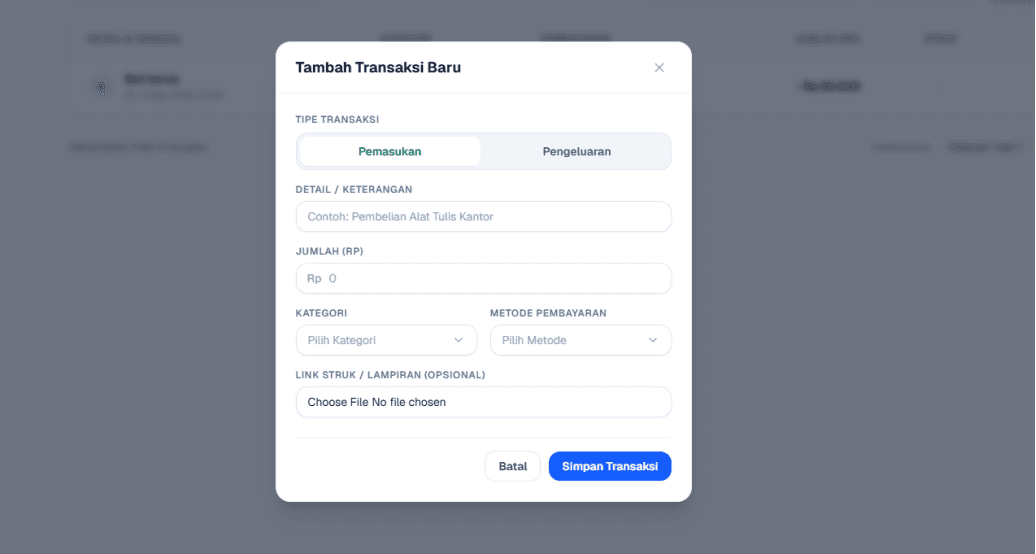 Pop Up Transaksi Baru